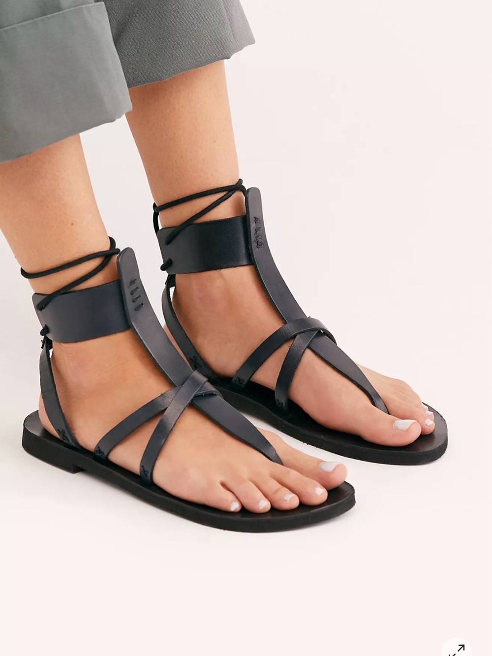Free People Vacation Day Black Leather Wrap Sandals, 41